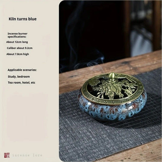 Translation missing: en.Glaze-transmutation ceramic incense burner with retro copper lid, fireproof mat, and incense coil holder. Suitable for various incense types, ideal for creative home decor and festive gifting.（Kiln turns blue）