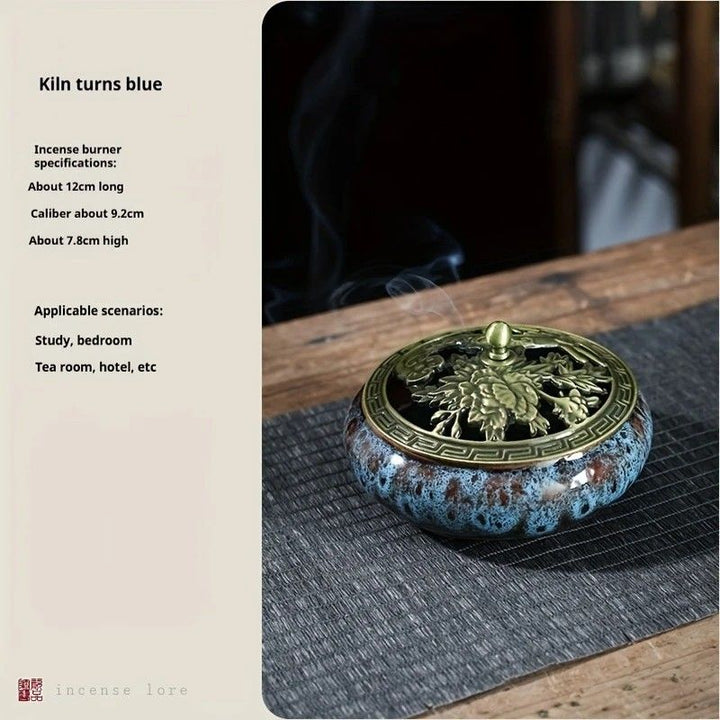 Translation missing: en.Glaze-transmutation ceramic incense burner with retro copper lid, fireproof mat, and incense coil holder. Suitable for various incense types, ideal for creative home decor and festive gifting.（Kiln turns blue）
