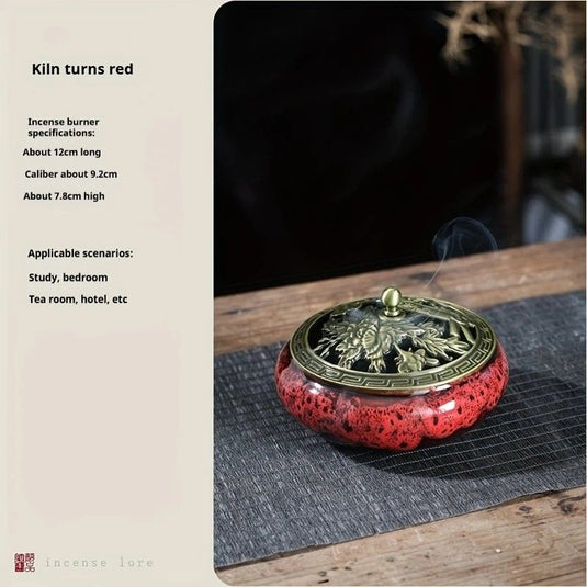 Translation missing: en.Glaze-transmutation ceramic incense burner with retro copper lid, fireproof mat, and incense coil holder. Suitable for various incense types, ideal for creative home decor and festive gifting.(Kiln turns red）