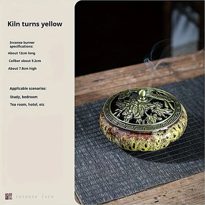 Translation missing: en.Glaze-transmutation ceramic incense burner with retro copper lid, fireproof mat, and incense coil holder. Suitable for various incense types, ideal for creative home decor and festive gifting.(Kiln yellowing）