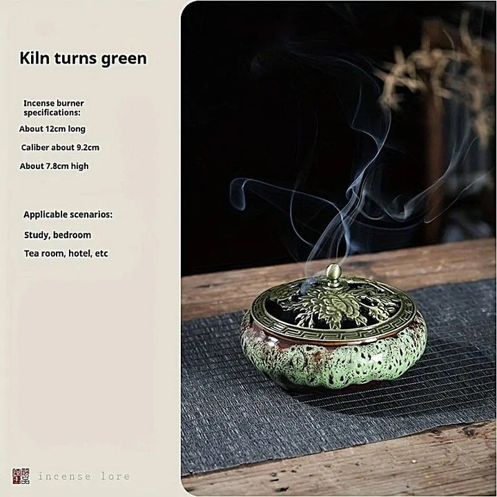 Translation missing: en.Glaze-transmutation ceramic incense burner with retro copper lid, fireproof mat, and incense coil holder. Suitable for various incense types, ideal for creative home decor and festive gifting.(Kiln turns green）