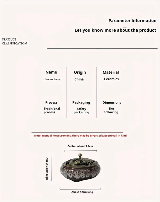 Translation missing: en.Glaze-transmutation ceramic incense burner with retro copper lid, fireproof mat, and incense coil holder. Suitable for various incense types, ideal for creative home decor and festive gifting.(Kiln turns green）