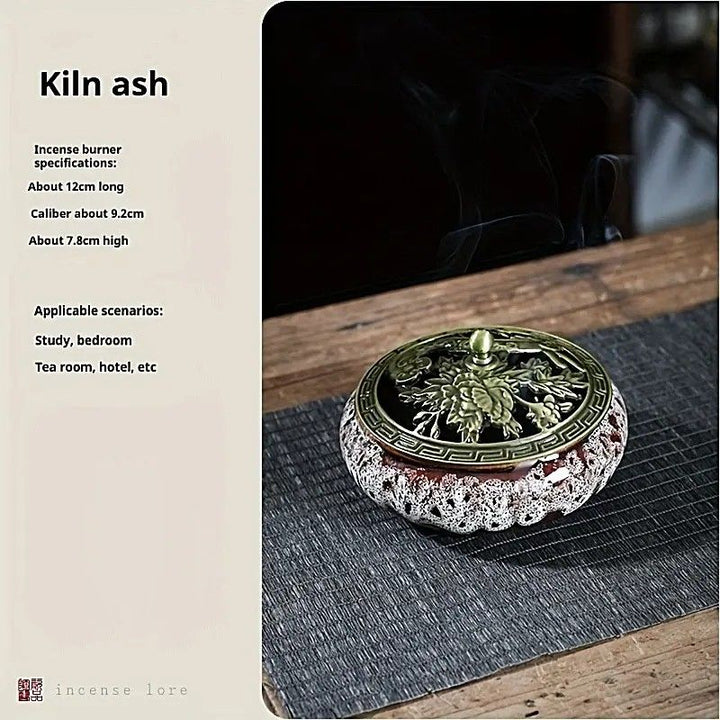 Translation missing: en.Glaze-transmutation ceramic incense burner with retro copper lid, fireproof mat, and incense coil holder. Suitable for various incense types, ideal for creative home decor and festive gifting.(Kiln ash）