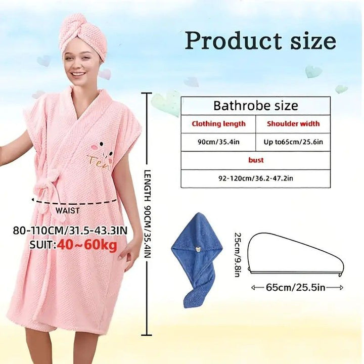 Translation missing: en.Women's Coral Fleece Pineapple Grid Two-Piece Set | Cloud-Like Touch Adjustable Bath Robe + Hair Towel, Adjustable Tie Belt, Suitable for Daily Home Use(Qingxin powder)