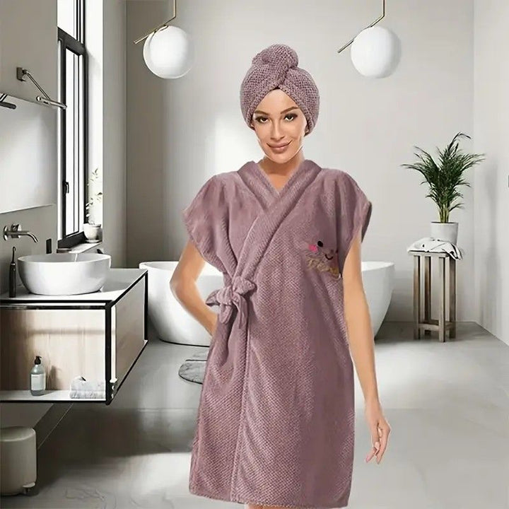 Translation missing: en.Women's Coral Fleece Pineapple Grid Two-Piece Set | Cloud-Like Touch Adjustable Bath Robe + Hair Towel, Adjustable Tie Belt, Suitable for Daily Home Use(Qingxin powder)