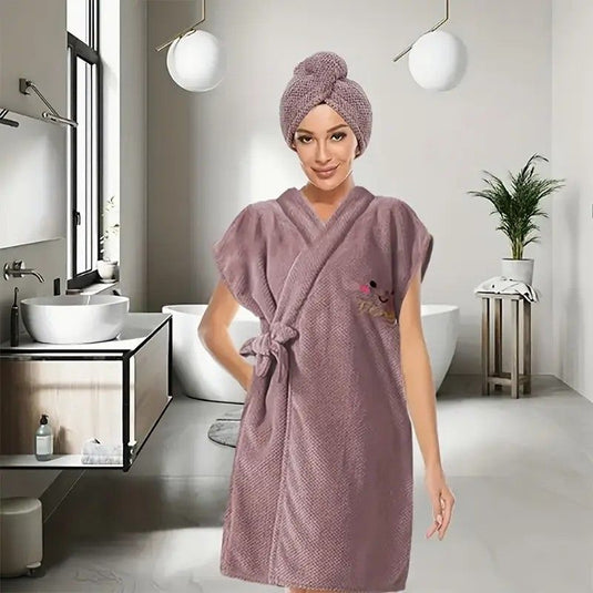 Translation missing: en.Women's Coral Fleece Pineapple Grid Two-Piece Set | Cloud-Like Touch Adjustable Bath Robe + Hair Towel, Adjustable Tie Belt, Suitable for Daily Home Use(Red bean paste purple)
