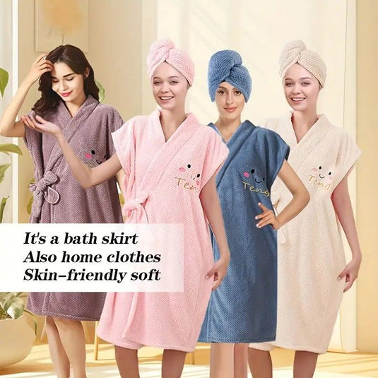 Translation missing: en.Women's Coral Fleece Pineapple Grid Two-Piece Set | Cloud-Like Touch Adjustable Bath Robe + Hair Towel, Adjustable Tie Belt, Suitable for Daily Home Use(Red bean paste purple)
