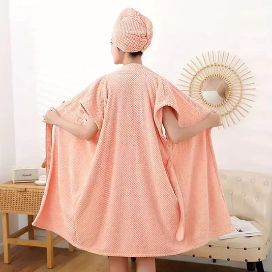Translation missing: en.Women's Coral Fleece Pineapple Grid Two-Piece Set | Cloud-Like Touch Adjustable Bath Robe + Hair Towel, Adjustable Tie Belt, Suitable for Daily Home Use(Red bean paste purple)