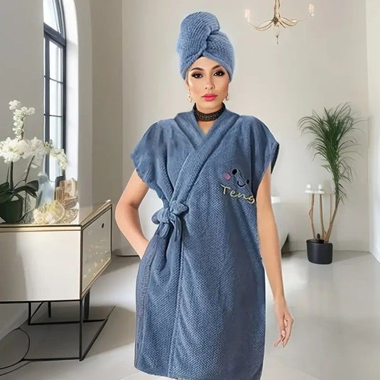 Translation missing: en.Women's Coral Fleece Pineapple Grid Two-Piece Set | Cloud-Like Touch Adjustable Bath Robe + Hair Towel, Adjustable Tie Belt, Suitable for Daily Home Use(Haze blue)