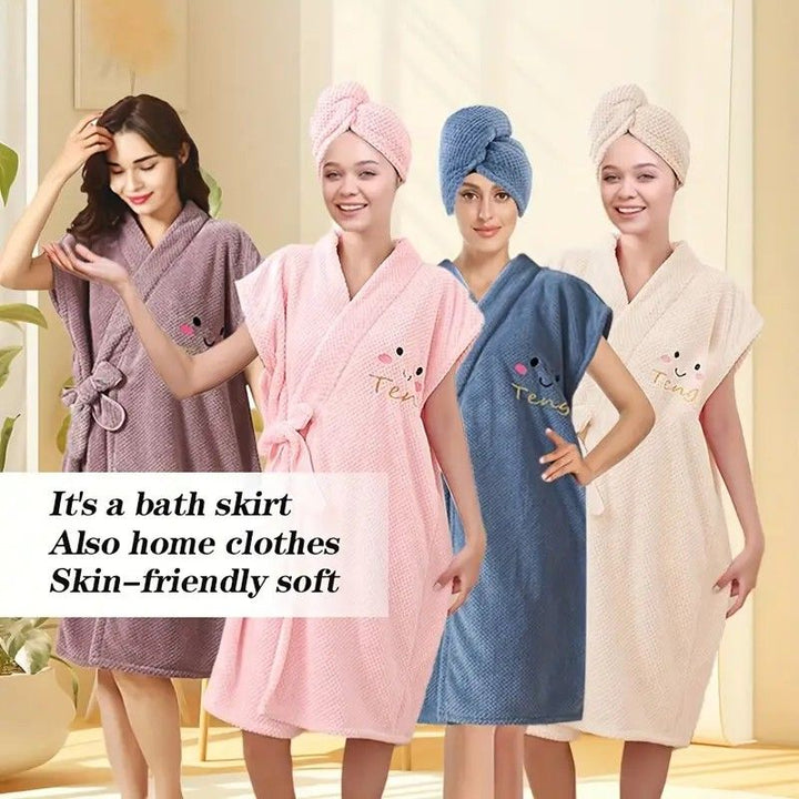 Translation missing: en.Women's Coral Fleece Pineapple Grid Two-Piece Set | Cloud-Like Touch Adjustable Bath Robe + Hair Towel, Adjustable Tie Belt, Suitable for Daily Home Use(Haze blue)