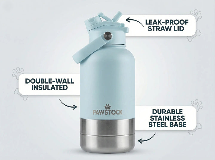 Translation missing: en.Pawstock 3-in-1 Insulated Dog Water Bottle with Dual Bowls – 1L Stainless Steel Travel Bottle-Aqua