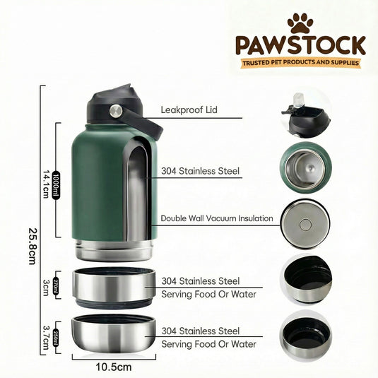 Translation missing: en.Pawstock 3-in-1 Insulated Dog Water Bottle with Dual Bowls – 1L Stainless Steel Travel Bottle-Aqua