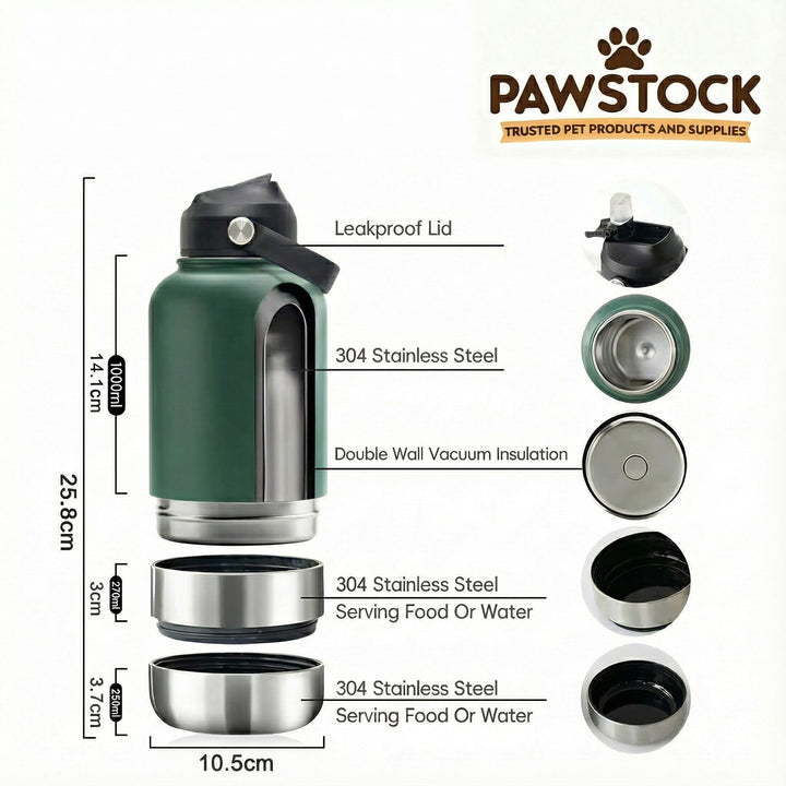 Translation missing: en.Pawstock 3-in-1 Insulated Dog Water Bottle with Dual Bowls – 1L Stainless Steel Travel Bottle-Aqua