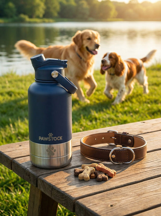 Translation missing: en.Pawstock 3-in-1 Insulated Dog Water Bottle with Dual Bowls – 1L Stainless Steel Travel Bottle - Navy