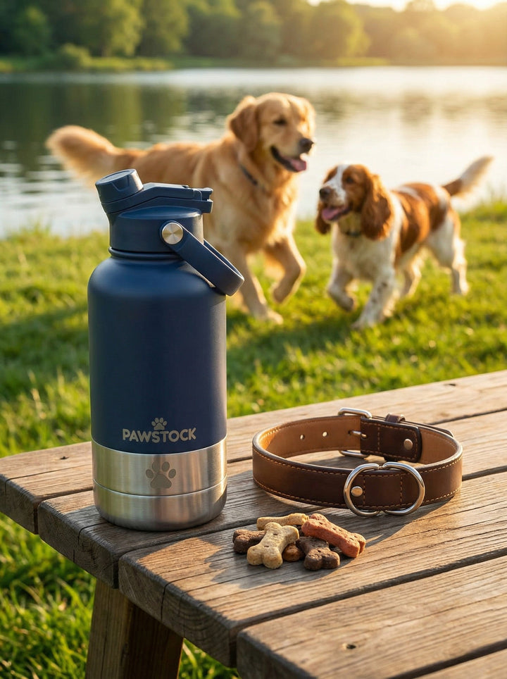Translation missing: en.Pawstock 3-in-1 Insulated Dog Water Bottle with Dual Bowls – 1L Stainless Steel Travel Bottle - Navy