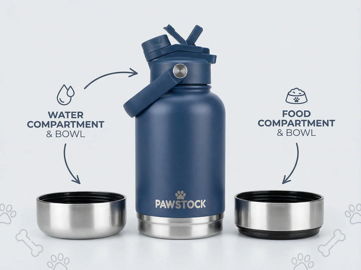 Translation missing: en.Pawstock 3-in-1 Insulated Dog Water Bottle with Dual Bowls – 1L Stainless Steel Travel Bottle - Navy
