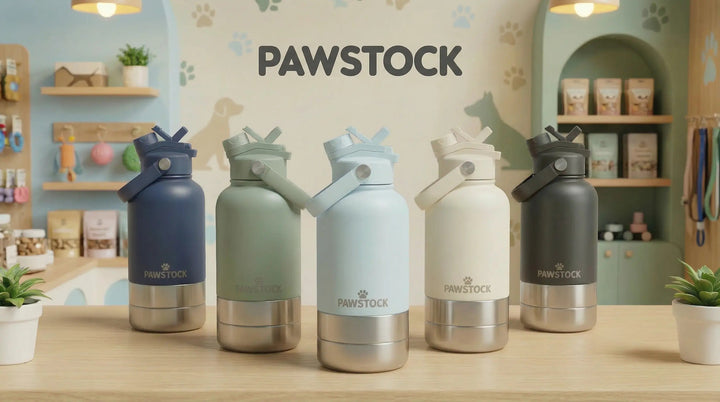 Translation missing: en.Pawstock 3-in-1 Insulated Dog Water Bottle with Dual Bowls – 1L Stainless Steel Travel Bottle - Navy