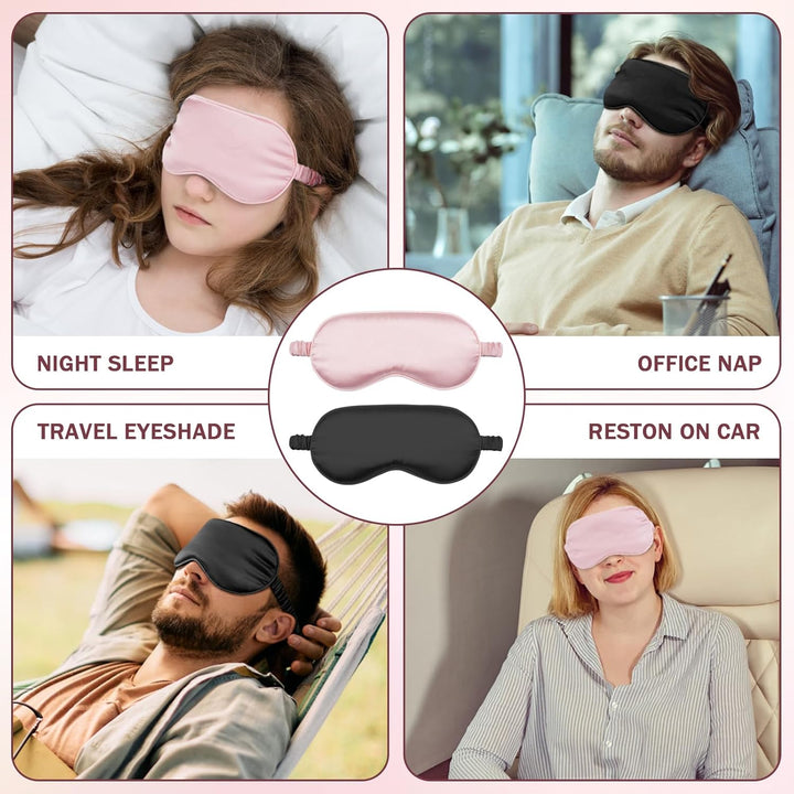 Translation missing: en.Silk Sleep Mask Set of 2, Adjustable Silk Eye Mask for Sleeping, Soft Sleeping Eye Shade Cover for Women, Good for Blocking Light, Reducing Puffiness, Enhancing Sleep Quality (Pink &amp; Black)