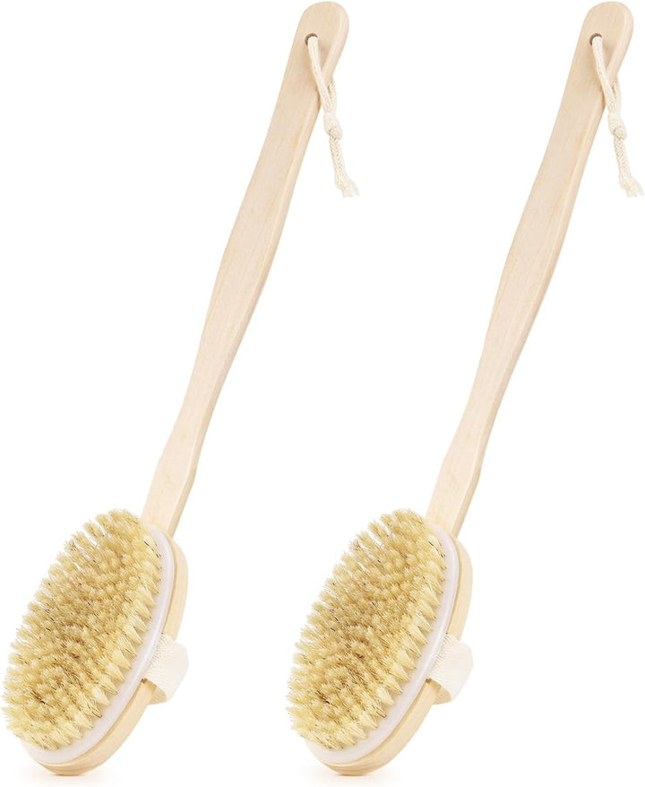 Translation missing: en.2 Pack Detachable Bath Bristle Brush, Wood Long Handle Dry Brushing Body Brush for Shower