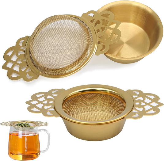 Translation missing: en.2 Pack Tea Strainers with Drip Bowls Stainless Steel Mesh Tea Infusers Loose Leaf Tea Filter with Handles Tea Steeper for Tea Juice Coffee Drinks, Gold