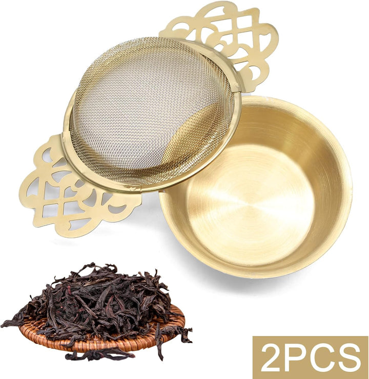 Translation missing: en.2 Pack Tea Strainers with Drip Bowls Stainless Steel Mesh Tea Infusers Loose Leaf Tea Filter with Handles Tea Steeper for Tea Juice Coffee Drinks, Gold