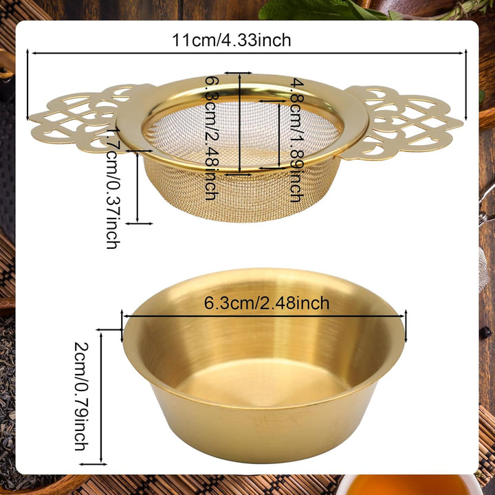 Translation missing: en.2 Pack Tea Strainers with Drip Bowls Stainless Steel Mesh Tea Infusers Loose Leaf Tea Filter with Handles Tea Steeper for Tea Juice Coffee Drinks, Gold