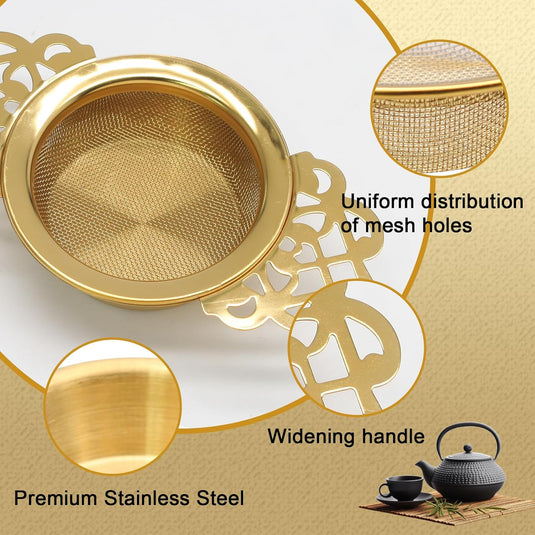 Translation missing: en.2 Pack Tea Strainers with Drip Bowls Stainless Steel Mesh Tea Infusers Loose Leaf Tea Filter with Handles Tea Steeper for Tea Juice Coffee Drinks, Gold