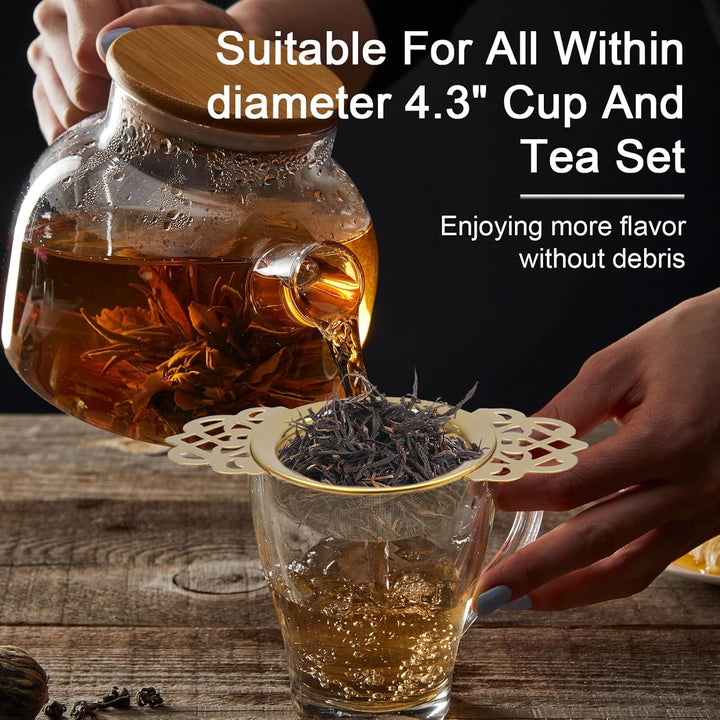 Translation missing: en.2 Pack Tea Strainers with Drip Bowls Stainless Steel Mesh Tea Infusers Loose Leaf Tea Filter with Handles Tea Steeper for Tea Juice Coffee Drinks, Gold