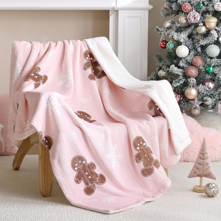 Translation missing: en.Pink Throw Blanket - Christmas Fluffy Blanket with Gingerbread and Snowflake Pattern - Reversible Sherpa Fleece Soft Blanket - Cozy Lightweight Throw Blanket for Couch Bed Sofa, 50x60 Inches