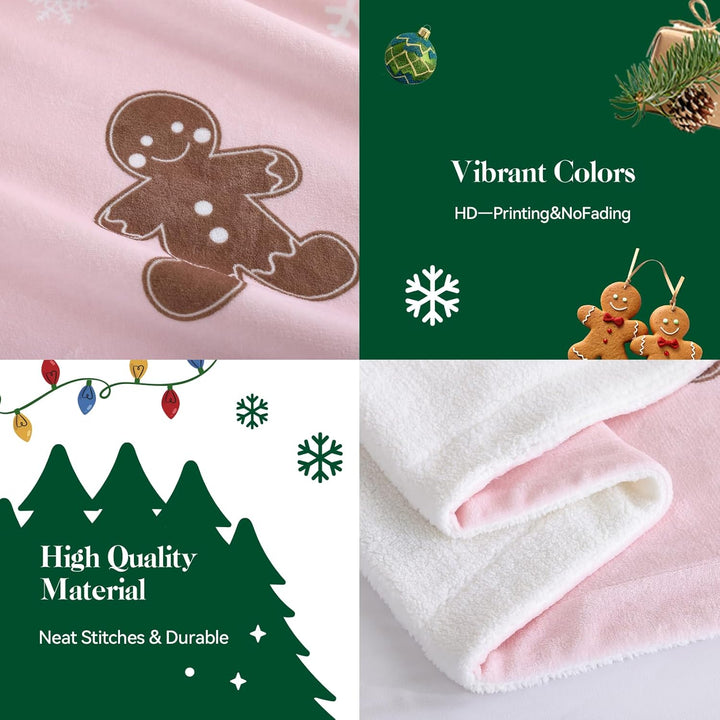 Translation missing: en.Pink Throw Blanket - Christmas Fluffy Blanket with Gingerbread and Snowflake Pattern - Reversible Sherpa Fleece Soft Blanket - Cozy Lightweight Throw Blanket for Couch Bed Sofa, 50x60 Inches