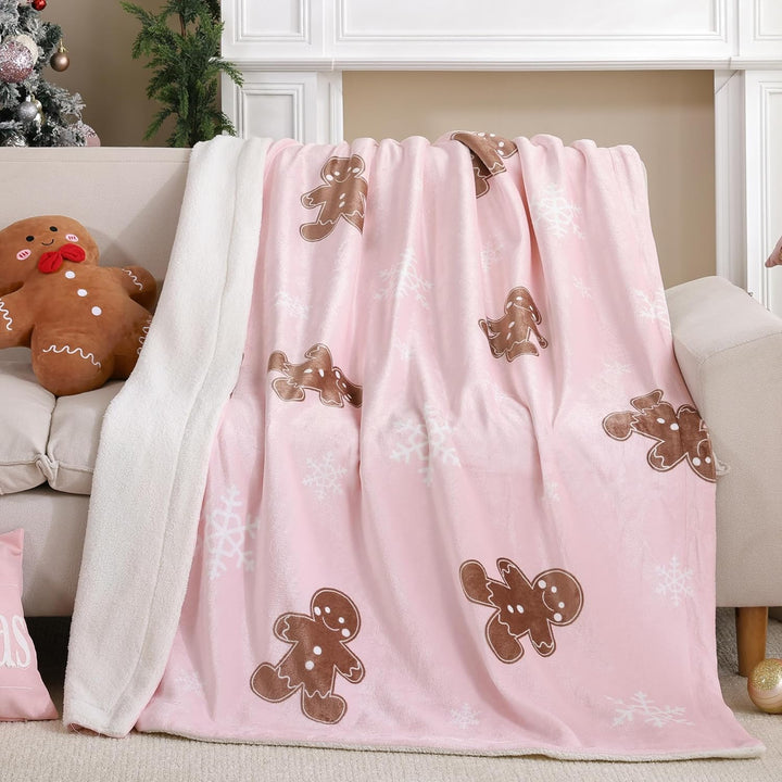 Translation missing: en.Pink Throw Blanket - Christmas Fluffy Blanket with Gingerbread and Snowflake Pattern - Reversible Sherpa Fleece Soft Blanket - Cozy Lightweight Throw Blanket for Couch Bed Sofa, 50x60 Inches