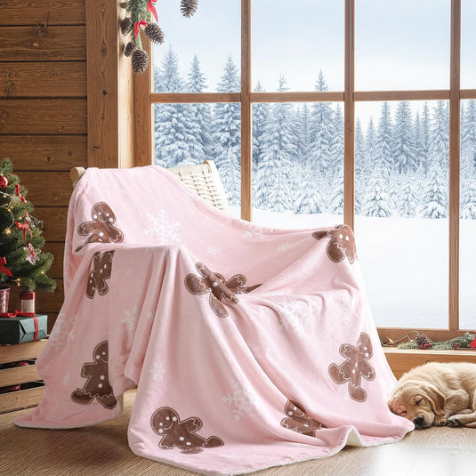 Translation missing: en.Pink Throw Blanket - Christmas Fluffy Blanket with Gingerbread and Snowflake Pattern - Reversible Sherpa Fleece Soft Blanket - Cozy Lightweight Throw Blanket for Couch Bed Sofa, 50x60 Inches