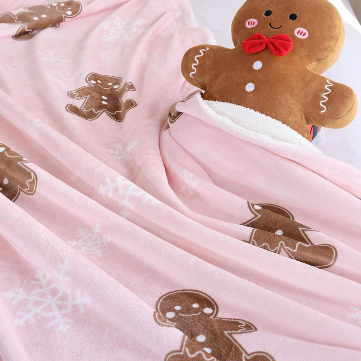 Translation missing: en.Pink Throw Blanket - Christmas Fluffy Blanket with Gingerbread and Snowflake Pattern - Reversible Sherpa Fleece Soft Blanket - Cozy Lightweight Throw Blanket for Couch Bed Sofa, 50x60 Inches