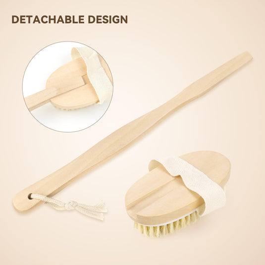 Translation missing: en.2 Pack Detachable Bath Bristle Brush, Wood Long Handle Dry Brushing Body Brush for Shower