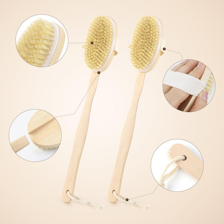 Translation missing: en.2 Pack Detachable Bath Bristle Brush, Wood Long Handle Dry Brushing Body Brush for Shower