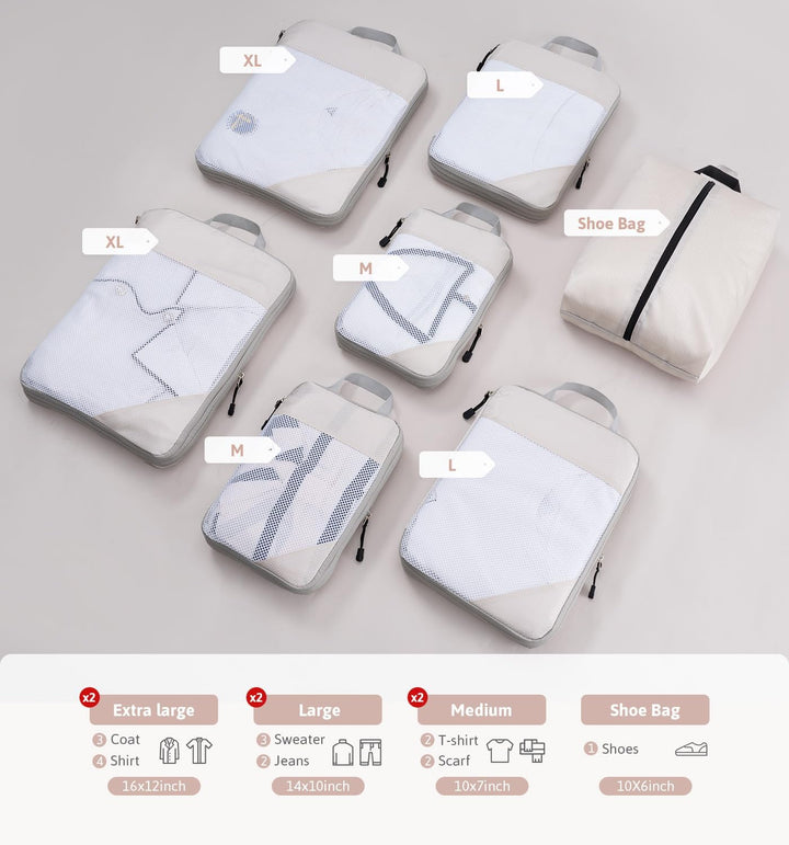 Translation missing: en.Compression Packing Cubes Travel Organizer 7 Set, Ripstop Mesh Travel Organizers for Luggage Multi-Functional Ultralight Expandable Packing Cubes for Carry-on Luggage, Travel, Backpack