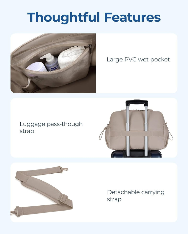 Translation missing: en.Gym Bag for Woman, 24L Carry on Travel Duffle Bag with Wet Pocket, Water Resistant Weekender Bags for Sports, Trips, Camel