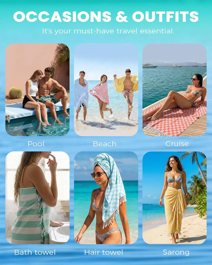 Translation missing: en.6 Packs Turkish Beach Towel Vacation Essentials Blanket Set Pool Bath Towels Bulk Multipack Travel Sand Free Quick Dry Extra Large Oversized Cute Big Soft Lightweight Compact Checkered Cloud Women