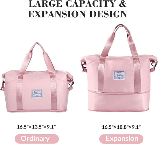 Translation missing: en.Travel Duffel Bag - Large Shoulder Weekender Overnight Bag, Carry on Bags with Wet Pocket, Waterproof Expandable Duffel Bags with Trolley Sleeve for Sports Travel Gym, Pink