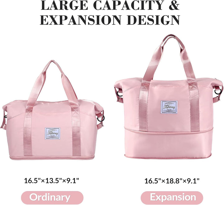 Translation missing: en.Travel Duffel Bag - Large Shoulder Weekender Overnight Bag, Carry on Bags with Wet Pocket, Waterproof Expandable Duffel Bags with Trolley Sleeve for Sports Travel Gym, Pink