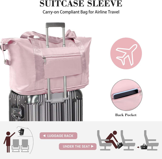 Translation missing: en.Travel Duffel Bag - Large Shoulder Weekender Overnight Bag, Carry on Bags with Wet Pocket, Waterproof Expandable Duffel Bags with Trolley Sleeve for Sports Travel Gym, Pink