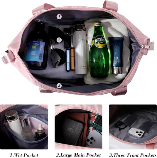 Translation missing: en.Travel Duffel Bag - Large Shoulder Weekender Overnight Bag, Carry on Bags with Wet Pocket, Waterproof Expandable Duffel Bags with Trolley Sleeve for Sports Travel Gym, Pink