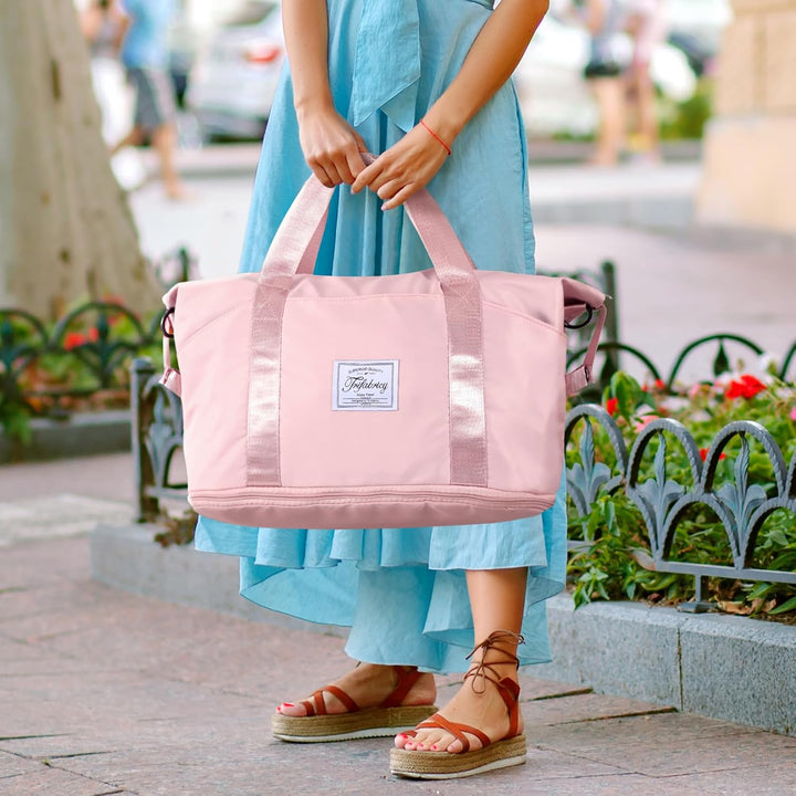Translation missing: en.Travel Duffel Bag - Large Shoulder Weekender Overnight Bag, Carry on Bags with Wet Pocket, Waterproof Expandable Duffel Bags with Trolley Sleeve for Sports Travel Gym, Pink