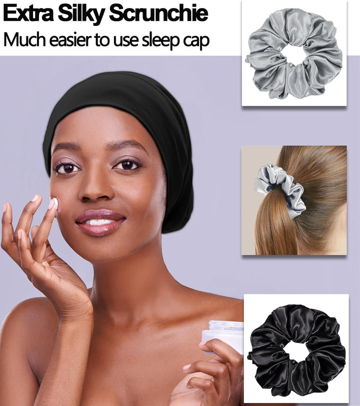 Translation missing: en.Sleep Cap Bonnet for Sleeping Black Women, Adjtable Cooling Ice Silk Lined Bonnet for Curly Braids Hair Cover Beanie Hat