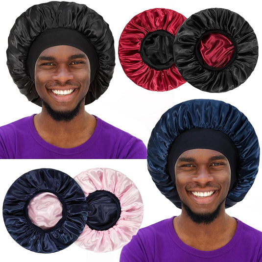 Translation missing: en.2pcs Bonnet for Men, Bonnets for Women, Satin Silk Hair Bonnet for Sleeping, Reversible Double Layer Wide Band Sleep Cap for Curly Hair Braids