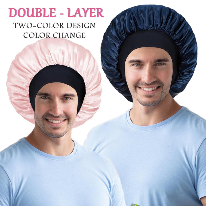 Translation missing: en.2pcs Bonnet for Men, Bonnets for Women, Satin Silk Hair Bonnet for Sleeping, Reversible Double Layer Wide Band Sleep Cap for Curly Hair Braids
