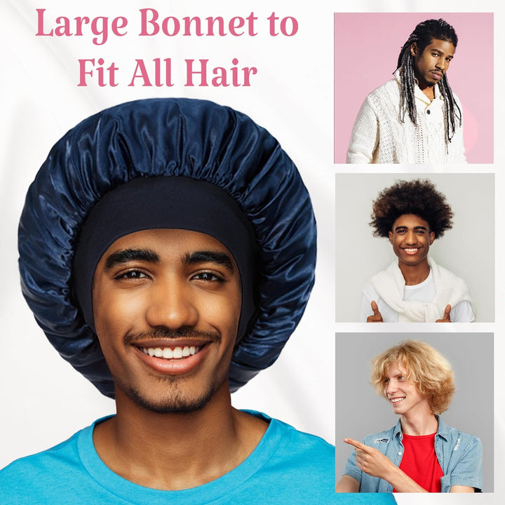 Translation missing: en.2pcs Bonnet for Men, Bonnets for Women, Satin Silk Hair Bonnet for Sleeping, Reversible Double Layer Wide Band Sleep Cap for Curly Hair Braids