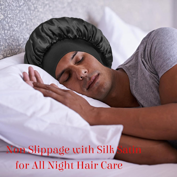 Translation missing: en.2pcs Bonnet for Men, Bonnets for Women, Satin Silk Hair Bonnet for Sleeping, Reversible Double Layer Wide Band Sleep Cap for Curly Hair Braids