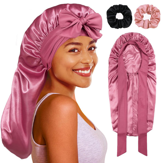 Translation missing: en.Long Bonnet with Tie Band, Satin Hair Silk Bonnet for Sleeping Women, Sleep Bonnets for Women, Double Layer Silky Sleep Cap for Curly Hair Braids