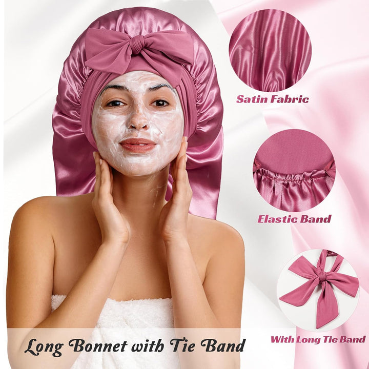 Translation missing: en.Long Bonnet with Tie Band, Satin Hair Silk Bonnet for Sleeping Women, Sleep Bonnets for Women, Double Layer Silky Sleep Cap for Curly Hair Braids
